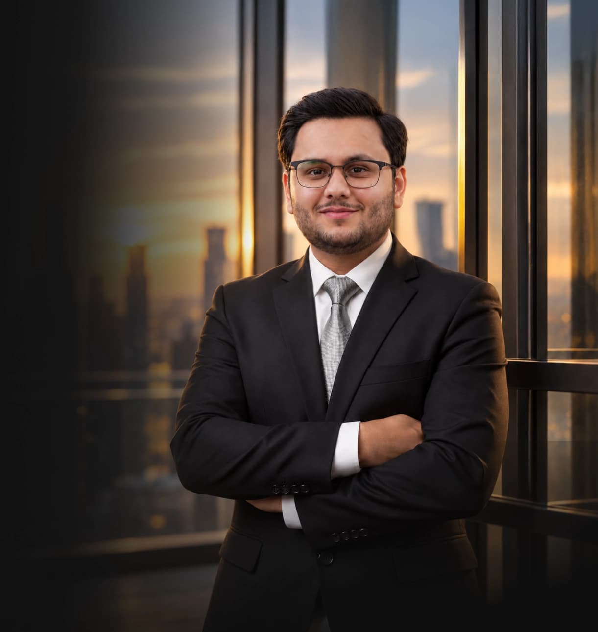 Arham Irfan in a black suit beside a window at dusk